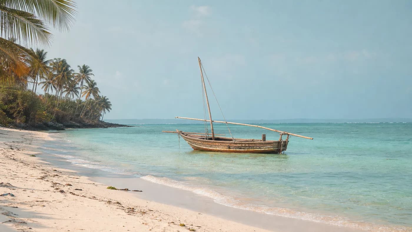 Generated editorial view of a wooden dhow beside a quiet tropical beach